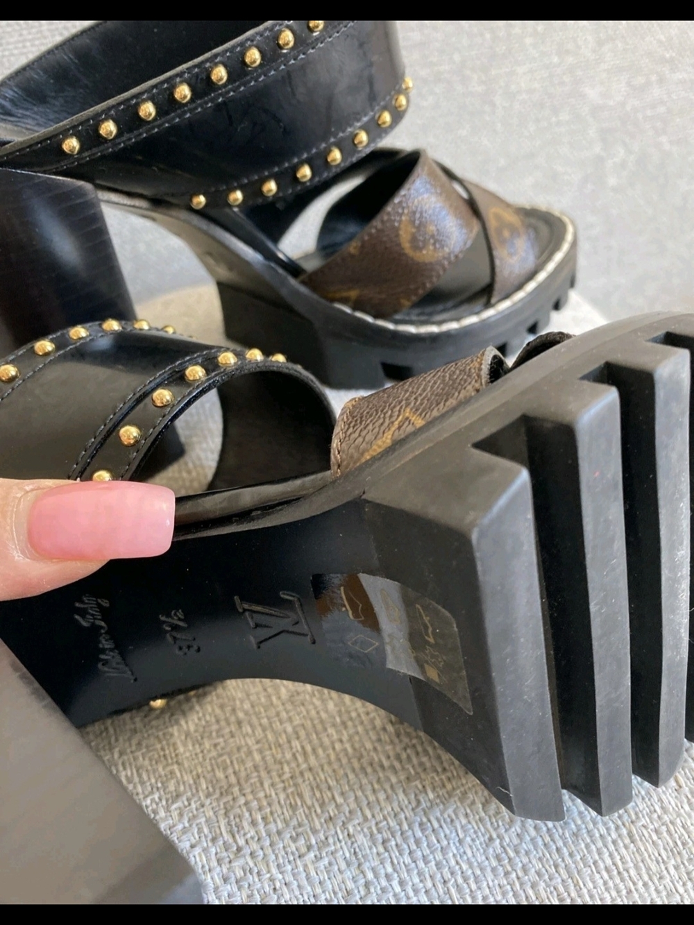 Louis Vuitton Black & Brown Monogram Studded Platform Sandals Eu 37.5 - Picture 6 of 13